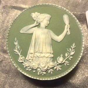 Schafer & Vater 1900’s antique Jasper ware round trinket box woman mirror flower